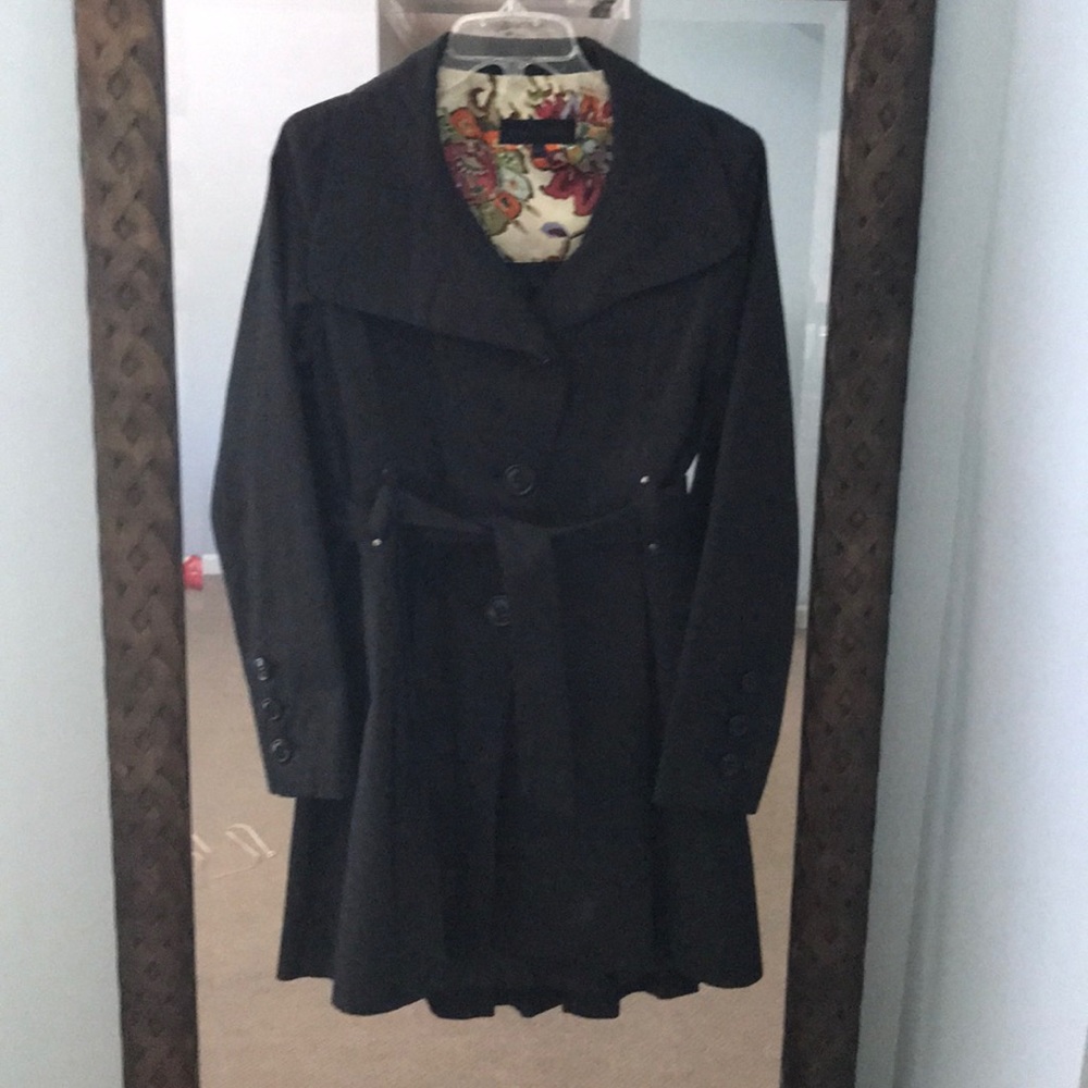 Steve Madden Black Belted Trench Coat with Floral Interior